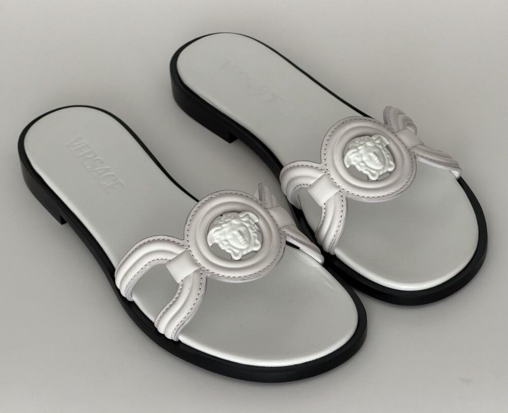 Versace Medusa Leather Mule Slides Porcelain White Women 9.5 US 39.5 1018364 NIB